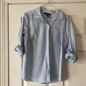 Karen Scott blue white pink striped yellow rose floral printed button front top